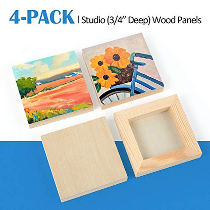 Falling in Art Unfinished Birch Wood Panels Kit for Painting, Wooden Canvas 4 Pack of 4x4’’ Studio 3/4’’ Deep, Cradle Boards for Pouring, Art, - WoodArtSupply