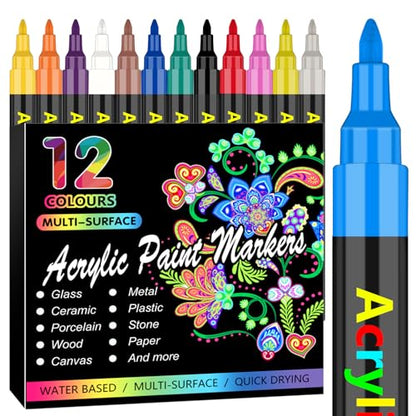 RESTLY 12 Colors Acrylic Paint Pens Paint Markers, 0.7mm Extra Fine Acrylic Paint Pens for Canvas, Rock Painting, Wood, Glass, Metal, Ceramic, Stone,