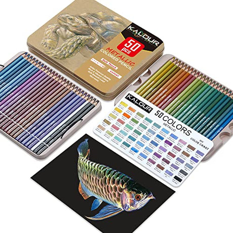 KALOUR 50 Piece Metallic Colored Pencils, Soft Core with Vibrant Color,Ideal for Drawing, Blending, Sketching, Shading, Coloring for Adults Kids KALOUR