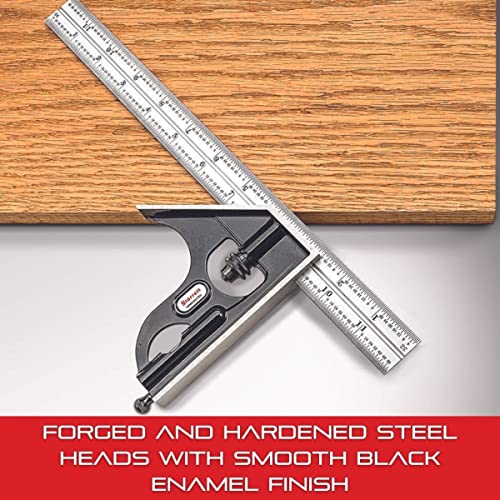 Starrett Steel Combination Square with Square Head - 12" Blade Length, Forged and Hardened Steel Heads, Reversible Lock Bolt, Scriber, 4R Graduation - WoodArtSupply