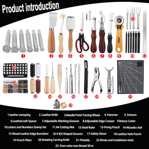 TLKKUE Leather Working Kit, Leather Working Tools for Beginners, Leather Crafting Tools and Supplies with Storage Bag Sewing Carving Punching Cutting TLKKUE
