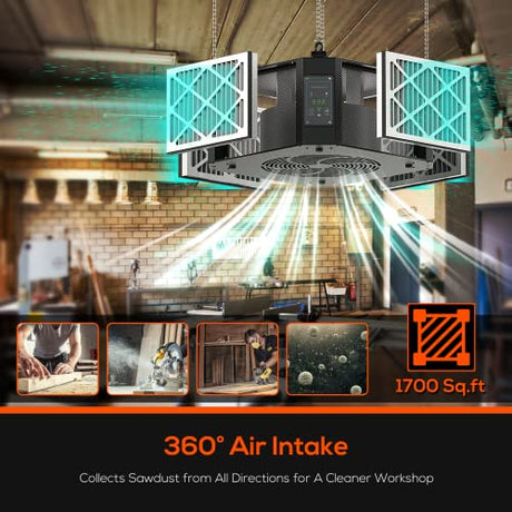 ABESTORM 360 Degree Intake Air Filtration System Woodworking -(1350 CFM) Hanging Air Filter with Strong Vortex Fan for Wood Workshop, Garage, Shop Abestorm