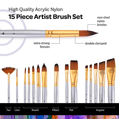 Acrylic Paint Brushes Set of 15, with Paint Set Included with 24 Acrylic Paints LOOMINI