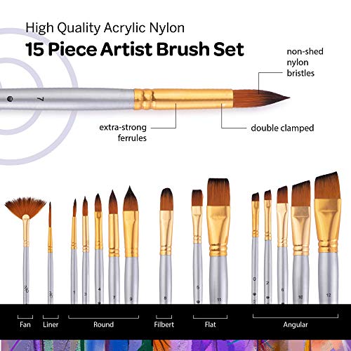 Acrylic Paint Brushes Set of 15, with Paint Set Included with 24 Acrylic Paints