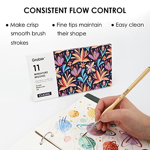 Grabie Paint Brush Set, Miniature Detail, 11 Pcs for Oil, Acrylic, Watercolor and Gouache, Nylon Hair Paint Brush With Natural Wood Handle, Great for Grabie