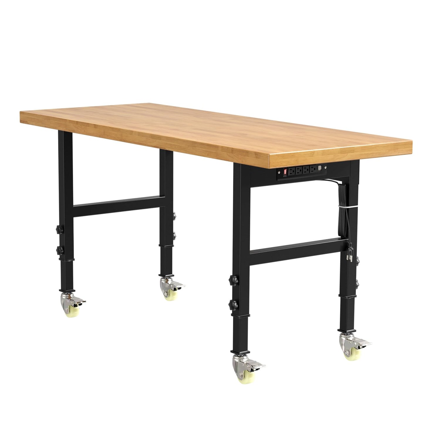 60” Heavy-Duty Solid Wood Work Bench Work Table with Wheels, Adjustable Height Portable Workbench with Power Outlets, 3000 Lbs Capacity Workstation