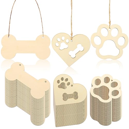 SEWACC 34pcs Wooden Bone Paw Print Cutouts Set Blank Wood Slices with Jute Rope Unfinished Wood Ornaments Tags for Pet House Crafts Project Gift Tags - WoodArtSupply