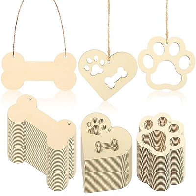 SEWACC 34pcs Wooden Bone Paw Print Cutouts Set Blank Wood Slices with Jute Rope Unfinished Wood Ornaments Tags for Pet House Crafts Project Gift Tags