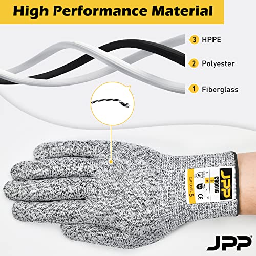 JPP Premium Cut Resistant Gloves, Cutting Proof CE Level 5 Protection, Food Grade Safe, Ambidextrous, 3D-Comfort Fit, Machine Washable, Dexterity, Lig