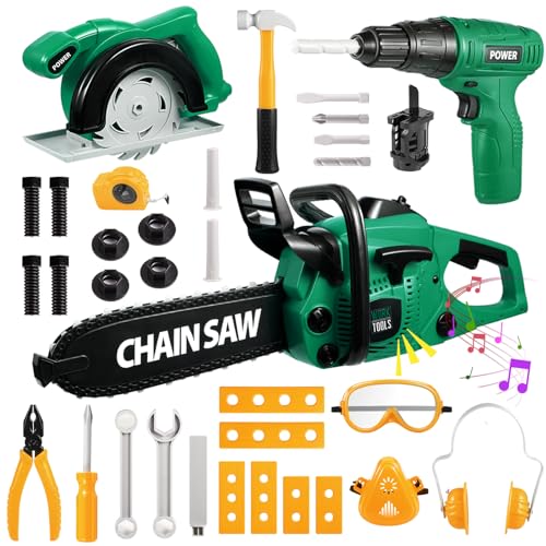 Vextronic Kids Tool Set 36 PCS with Electric Toy Chainsaw Drill Circular Saw with Realistic Sounds, Toy Tool Set for Toddlers 3 4 5 6 7 8, Pretend Vextronic