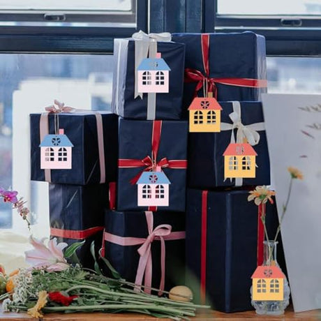 Tofficu 10Pcs House Wood Cutouts Wooden House Shaped Craft Shapes Unfinished Wood Embellishment Slices Hanging Ornaments with Ropes Gift Tags for DIY Tofficu