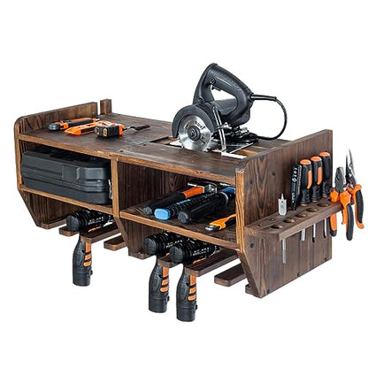 MyGift Power Tool Organizer Station - Wall Mounted Rustic Burnt Solid Wood Toolbox Storage Shelves, 8 Drill Hanging Compartments, 15 Hand Tools - WoodArtSupply