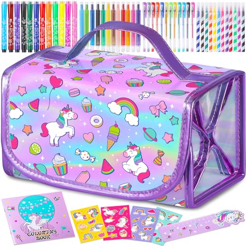 Gifts for Girls 5 6 7 8 9 Year Old, Unicorns Coloring Markers Set with Unicorn Pencil Case, Unicorn Art Supplies for Kids, Craft Drawing Painting Toy