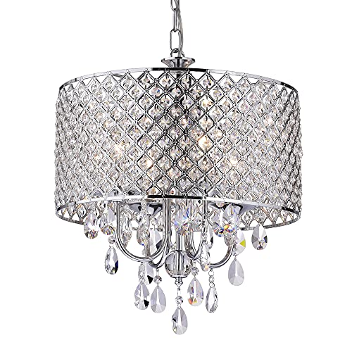 Edvivi Marya 4-Lights Chrome Round Crystal Chandelier Ceiling Fixture | Beaded Drum Shade - WoodArtSupply