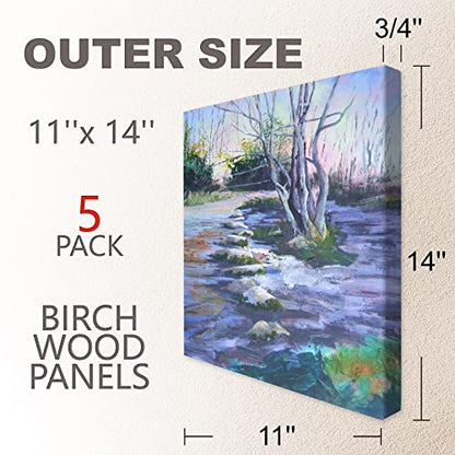 Unfinished Birch Wood Boards Canvas for Painting, 5 Packs 3/4’’ Deep Cupohus 11’’ x 14’’ Wooden Cradled Panels for Pouring Art, Crfats, Paints and