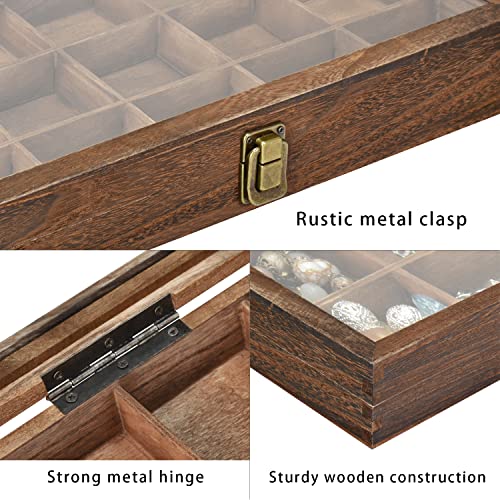 MOOCA Wooden Display Storage Case with Tempered Glass Lid for Jewelry and Beads with 18 Compartments Tray, 15 W x 8 3/8 L x 2 1/8 H in, Brown Color MOOCA