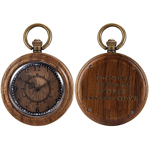Tiong to My Husband Gifts Personalized Engraved Wood Pocket Watch for Men Husband Anniversary Christmas Birthday Wooden Quartz Pocket Watch Best Tiong