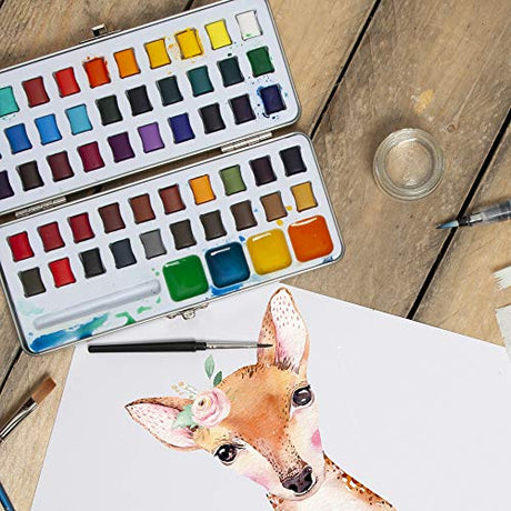 ARTISTIK Watercolor Paint Set - 50 Colors in Half Pan Palette and Portable Metal Tin - Assorted Vivid Color Paints with Paint Brush for Kids, ARTISTIK