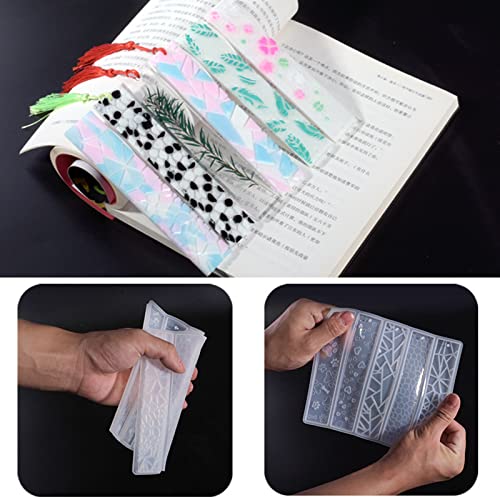 Szecl 10Pcs Resin Bookmark Mold Upgrade Rectangle Bookmark Silicone Mold with 10 Tassel Leaves Texture Flower Shaped Epoxy Resin Casting Mold DIY