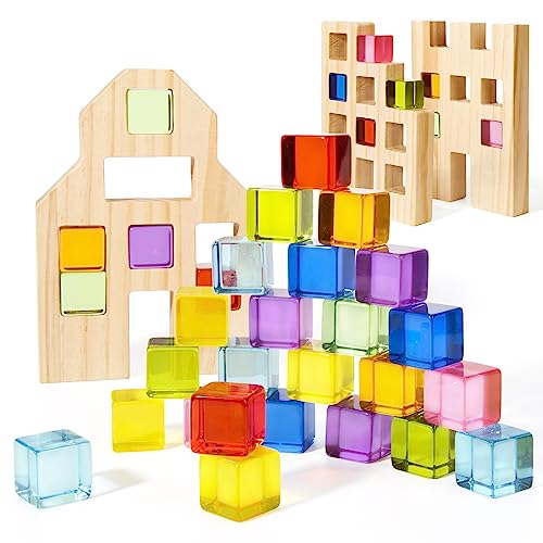 Woodtoe Wooden Building Blocks Set for Kids, 36 PCS Rainbow Acrylic Gem Cubes Blocks - 3 Wood House, Montessori Stacking Toy for Toddlers, Woodtoe