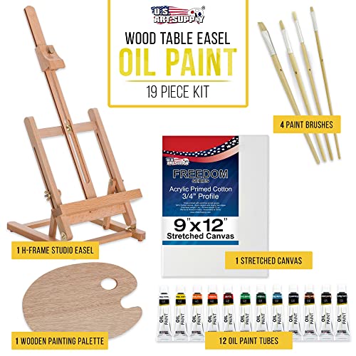 U.S. Art Supply 19-Piece Artist Oil Painting Set with Wooden H-Frame Studio Easel, 12 Vivid Oil Paint Colors, Stretched Canvas, 4 Brushes, Wood - WoodArtSupply