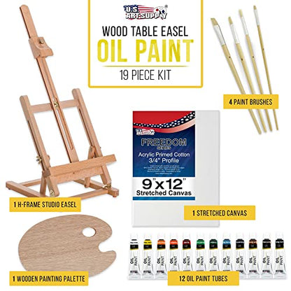 U.S. Art Supply 19-Piece Artist Oil Painting Set with Wooden H-Frame Studio Easel, 12 Vivid Oil Paint Colors, Stretched Canvas, 4 Brushes, Wood - WoodArtSupply