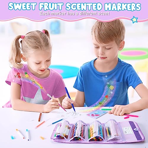 Fruit Scented Markers Set 56 Pcs with Glitter Mermaid Pencil Case &  Stationery, Art Supplies for