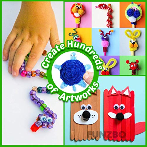 FUNZBO Arts and Crafts Supplies for Kids - 1200+ pcs Craft Supplies, Christmas Gifts for Kids, Craft Kits with Pipe Cleaners, Pom Poms for Crafts & - WoodArtSupply