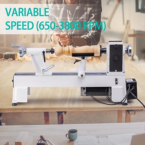 CXRCY 12" x 18" Wood Lathe, Benchtop Wood Lathe Machine 3/4 HP Infinitely Variable Speed 650-3800 RPM with Goggle & 3 Chisels for Woodworking, CXRCY