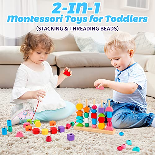 Montessori Wooden Beads Sequencing Toy Set, Stacking Blocks & Lacing Beads & Matching Shape Stacker for 2 3 4 5 Year Old STEM Preschool Learning - WoodArtSupply