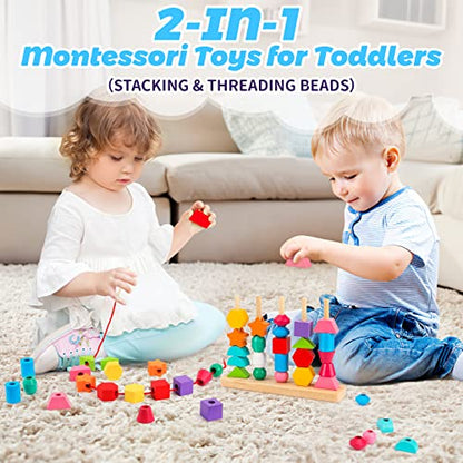 Montessori Wooden Beads Sequencing Toy Set, Stacking Blocks & Lacing Beads & Matching Shape Stacker for 2 3 4 5 Year Old STEM Preschool Learning - WoodArtSupply