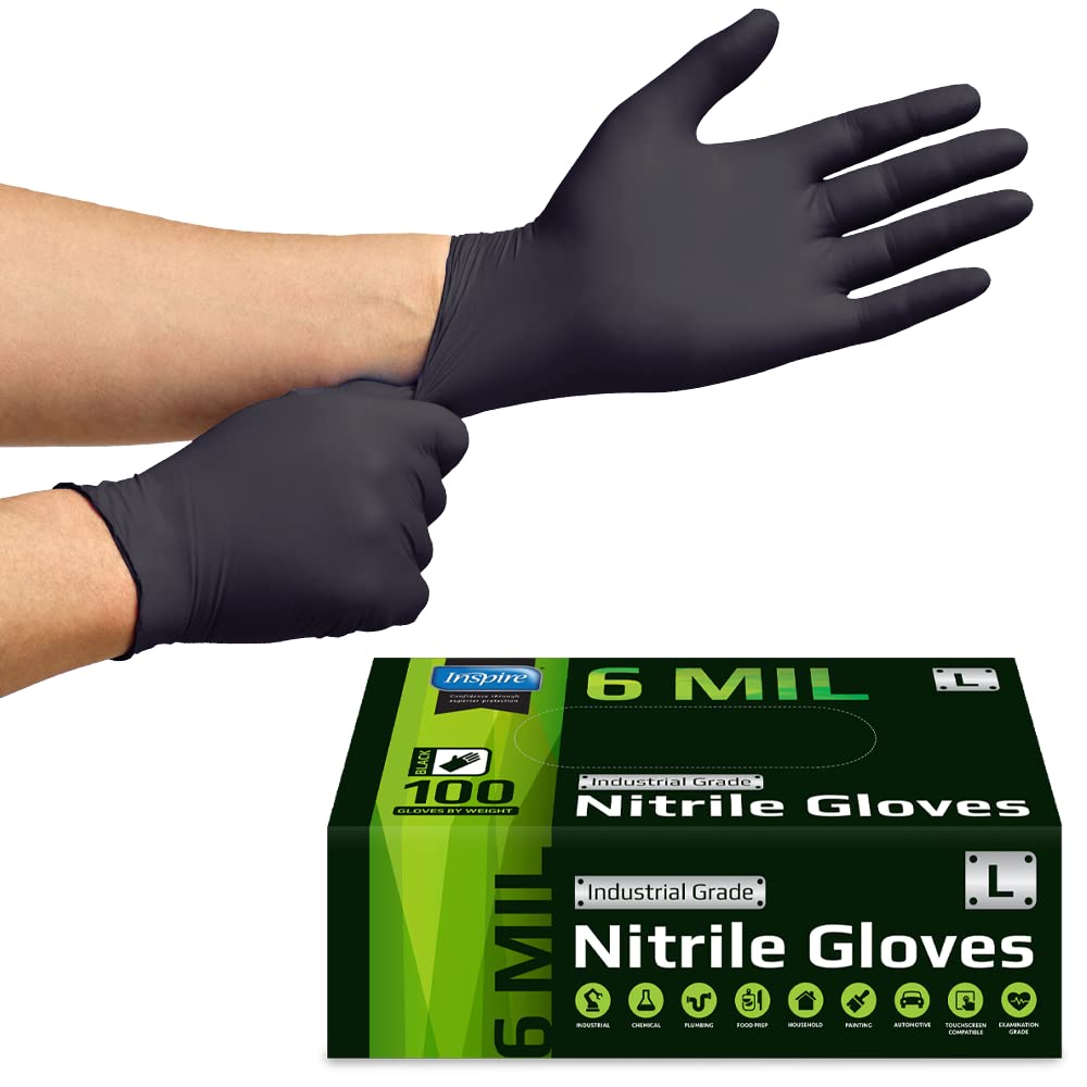 Inspire Black Nitrile Gloves | HEAVY DUTY 6 Mil Nitrile THE ORIGINAL Nitrile Medical Food Cleaning Disposable Gloves (Large, 100, Count) Inspire