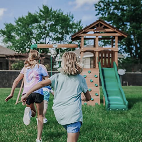 Backyard Discovery Lightning Ridge All Cedar Wooden Swing Set, Raised Clubhouse, 2 Belt Swings, 10 Inch Wave Slide, Ladder, Climbing Rock Wall Brown - WoodArtSupply