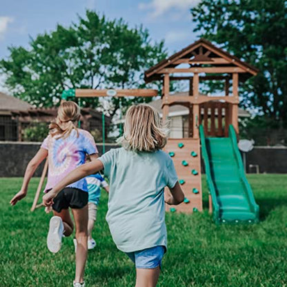 Backyard Discovery Lightning Ridge All Cedar Wooden Swing Set, Raised Clubhouse, 2 Belt Swings, 10 Inch Wave Slide, Ladder, Climbing Rock Wall Brown - WoodArtSupply