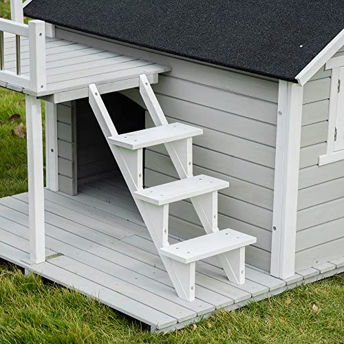 PawHut Wooden Dog House Outdoor with Porch, Cabin Style Raised Pet House with Ladder Balcony Water-Resistant Asphalt Roof, for Medium and Large Dogs