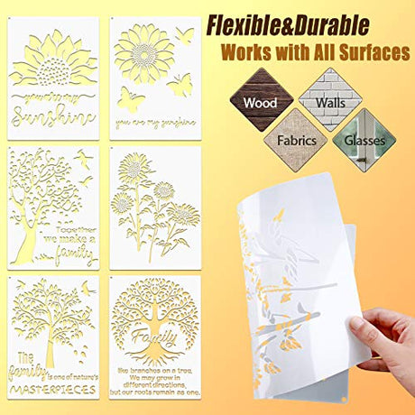 6 Pieces Sunflower Stencil Kit, Reusable Family Tree Stencil Flower Butterfly Painting Templates You are My Sunshine Stencil with Metal Open Ring for Zonon