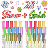 Shuttle Art 28 Pack Double Line Outline Markers, 14 Silver and 14 Gold Colors Squiggles Shimmer Markers Set, Self Outline Metallic Marker Pens for Shuttle Art