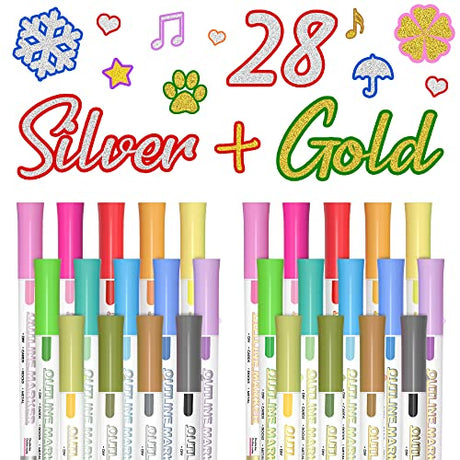 Shuttle Art 28 Pack Double Line Outline Markers, 14 Silver and 14 Gold Colors Squiggles Shimmer Markers Set, Self Outline Metallic Marker Pens for Shuttle Art