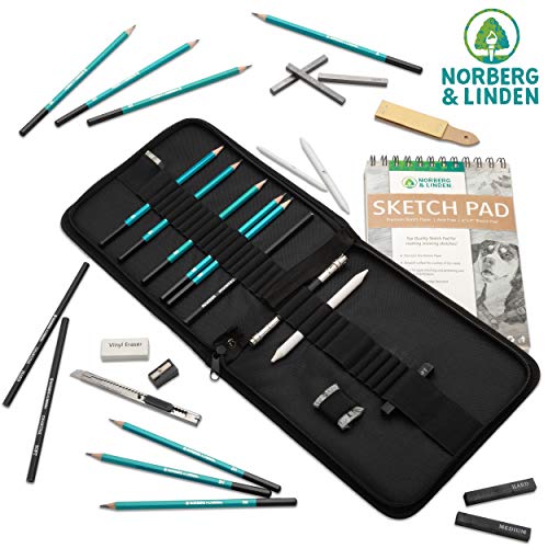 Norberg & Linden XL Drawing Set - Sketching, Graphite and Charcoal Pencils. Includes 100 Page Drawing Pad, Kneaded Eraser, Blending Stump. Art Kit - WoodArtSupply