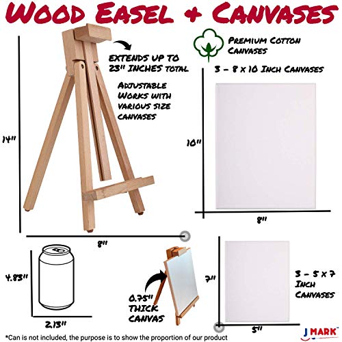 J MARK 48pc Deluxe Painting Kits for Adults - Includes Adjustable Wood Easel, Thick Canvases, Acrylic Paints, Brushes Set,Wooden and Plastic - WoodArtSupply