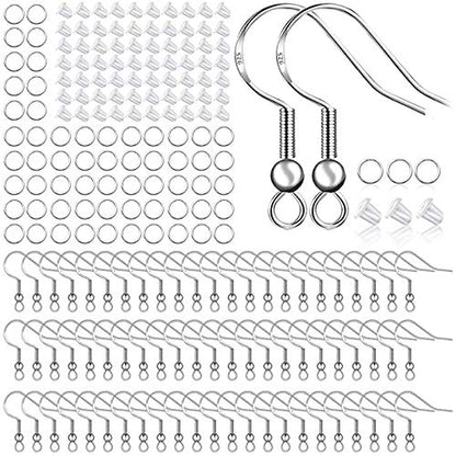 925 Sterling Silver Earring Hooks 150 PCS/75 Pairs,Ear Wires Fish Hooks,500pcs Hypoallergenic Earring Making kit with Jump Rings and Clear Silicone - WoodArtSupply