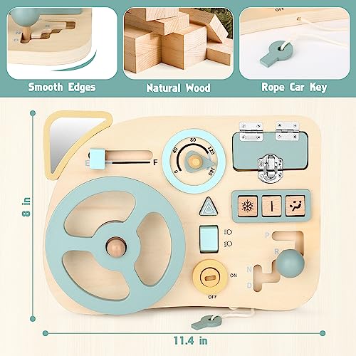 Montessori Busy Board Toy for Toddlers, Car Wooden Sensory Board Educational Toys with 10 Fine Activity Motor Skills, Driving Scene Travel Toys for - WoodArtSupply