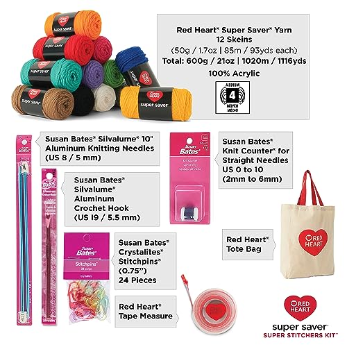 Red Heart Super Saver Soft Acrylic Yarn Beginners Stitchers Kit, with 12 Pack of 50g/1.7 oz. 4 Medium Worsted Yarn and Accessories for Knitting & Red Heart