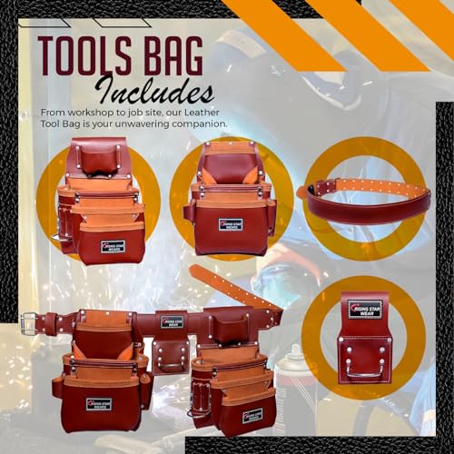 RISING STAR 100% GENUINE BROWN LEATHER TOOL POUCH WITH BELT- MINI TOOL BAG FOR NAILS, HAMMER, PILERS & TAPE MEASURE HOLDER BEST TOOL POUCH FOR WoodArtSupply