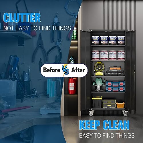 Aobabo 72 Inches Metal Garage Storage Cabinet with Wheels, Locking Metal Storage Cabinet with 4Shelves, Rolling Tool Storage Cabinet on Wheels, Aobabo