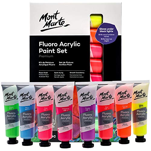 Mont Marte Fluoro Acrylic Paint Set, 8 x 1.02oz (36ml) Tubes, 8 Colors, Suitable for Most Surfaces Including Canvas, Card, Paper and Wood MONT MARTE