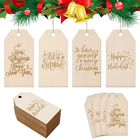 Whaline 32Pcs Christmas Wooden Gift Tags Rustic Happy Holiday Present Tags with 32.8Ft Jute Twine Xmas Wood Hanging Label Name Tags for Christmas Whaline
