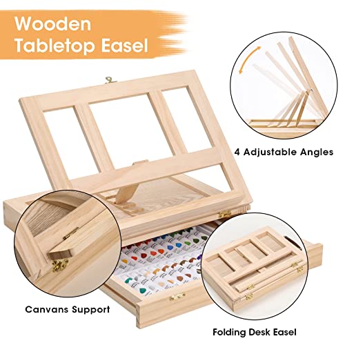Painting Supplies Set, 49 Pieces Watercolor Painting Kit with Wooden Tabletop Easel, Includes Watercolor Paints, Brushes, Palette, Canvas Panels and VigorFun