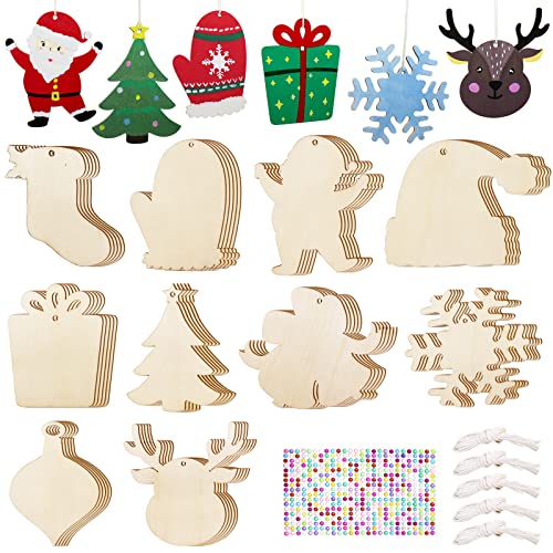 Hidreas 50 Pcs DIY Wooden Ornaments Christmas Wooden Ornaments Making Kit Christmas Crafts with Wax Rope and Rhinestone Stickers for Christmas Hidreas