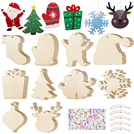 Hidreas 50 Pcs DIY Wooden Ornaments Christmas Wooden Ornaments Making Kit Christmas Crafts with Wax Rope and Rhinestone Stickers for Christmas Hidreas